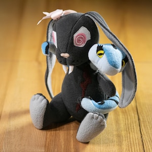 Two-Headed Pink Bow Bunny Plush  — Coquette Goth Symbiote Rabbit, Creepy Cute Soft Horror, Unique Gift for Alt Aesthetic