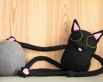 Floppy Noodle Cat Plushie - Black Silly Long Limb Kitten Toy, Quirky Animal Lover Gift & Unique Scrongly Cat Shape Pillow