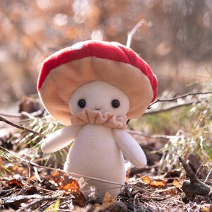 May include: A plush mushroom figure with a red and white cap, beige gills, and a cream-colored body. The figure has black button eyes and small arms. It is standing in a bed of leaves and twigs.