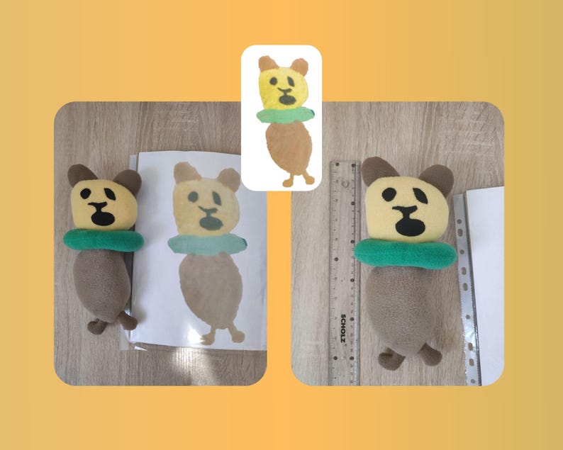 Pode incluir: Dois brinquedos de pel&uacute;cia marrons com rostos amarelos e salva-vidas verdes. Um brinquedo est&aacute; em uma folha de papel branca com um contorno marrom do brinquedo. O outro brinquedo est&aacute; em uma superf&iacute;cie de madeira com uma r&eacute;gua.