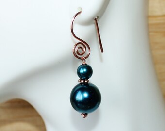 Pearly Peacock Blue Czech Glass Artisan Crafted Solid Copper Necklace Earring Set in Gift Box ~ Made in USA