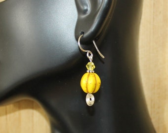 Women of Color Yellow Pumpkin Shape Fluted Stone Crystal Sterling Silver Artisan Gemstone Flirty Earrings ~ Made in USA