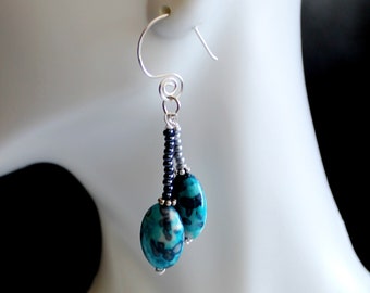 Artisan Crafted Ocean Jasper Cabochon Turquoise Aqua Gray Sterling Silver Earrings ~ Made in USA