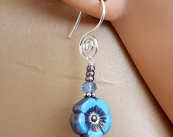 Cornflower Blue Wampum Purple Hibiscus Flower Earrings: Sterling Silver Filigree #723