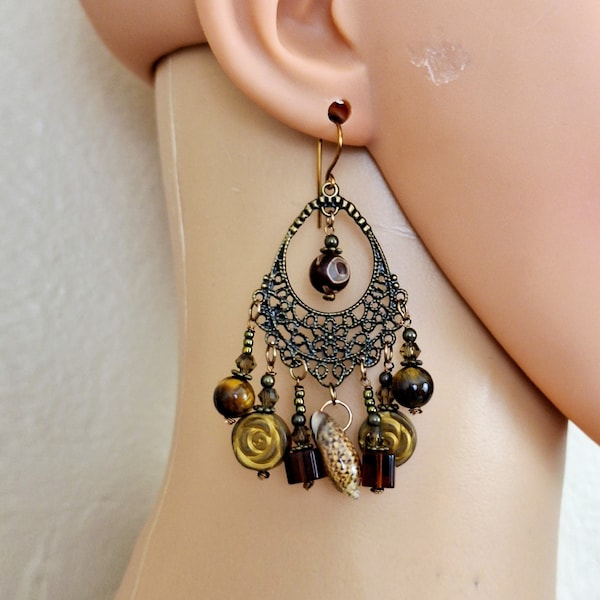 Eclectic Brown Mix Olive Shell Evil Eye Agate Carved Hematite Tiger Eye Artisan Crafted Antiqued Bronze Chandelier Earrings ~ Made in USA