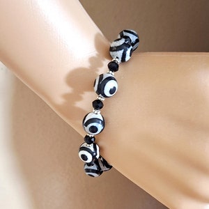 Schwarz Weiß Tibet Achat Mystisches Auge Kristall Silber Handwerker Perlen Armband #1069