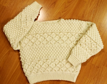 Children's Hand Made Marino Wool Irish Knit Hand Crocheted Pullover Sweater for Unisex Sz 6 to 12 Handmade Designed by Annie Briggs