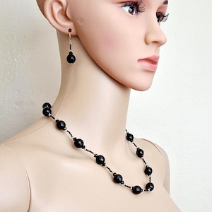 Multi Faceted Black Agate Onyx Czech Glass Artisan Crafted Gold Filled Necklace Earring Set #3250