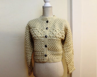 Hand Crocheted Cable Knit Australian Wool Cardigan Hand Knit Beige Sweater ~ XS to XL ~ Made in USA