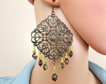 Extra Long Bronzite Peridot Chandelier Earrings: Antiqued Bronze Diamond Shaped Filigree Chandeliers #3283