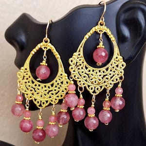 Pink Ruby Filigree Chandelier Earrings: Gold Chandeliers Faceted #2061