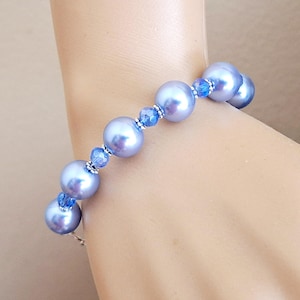 Periwinkle Blue Czech Glass Pearl Blue AB Crystal Silver Beaded Bracelet #1111