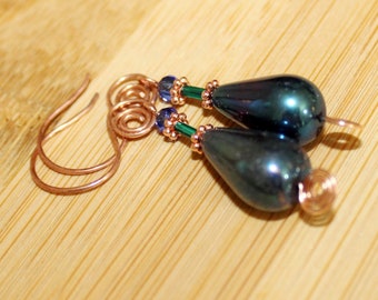 Vintage Inspired Boho Chic Czech Glass Blue Green Teardrop Artisan Crafted Copper Earrings ~ Made in USA