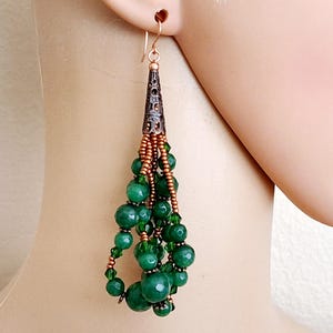 Faceted Green Malay Jade Artisan Crafted Solid Copper Filigree Earrings #943