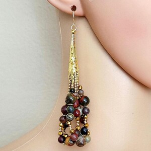 Colorful Picasso Jasper Cluster Earrings: Extra Long Gold #3039