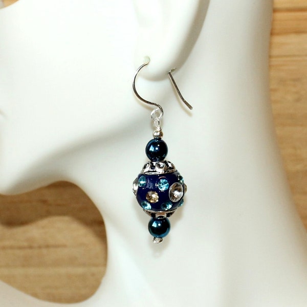 Crystal Rhinestone Paved Blue Indonesian Kashmiri Navy Blue Clay Hematite Artisan Crafted Sterling Silver Earrings ~ Made in USA