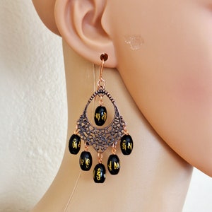 Tribal Buddhist Six word of Mantra Gold Black Agate Artisan Crafted Copper Chandelier Earrings #1085