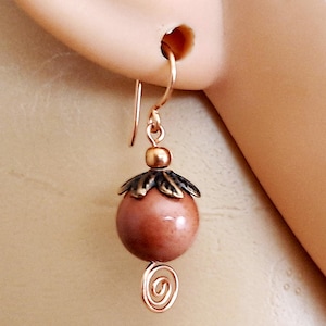 Red Sandstone Antiqued Copper Capped Artisan Crafted Copper Filigree Earrings #928