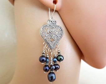 Freshwater Pearl Heart Chandelier Earrings: Black Antique Silver Chandeliers #4269
