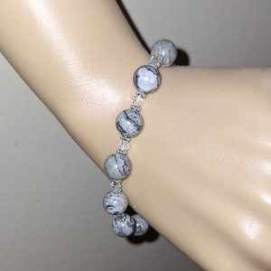 Pulsera artesanal de cuentas de plata con cristales de jaspe y mapa liso natural n.° 1036C
