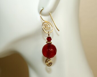 Boho Chic Faceted Red Quartz Artisan Crafted Gold Filigree Earrings in Gift Box ~ Made in USA