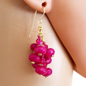 Fun & Festive Faceted Fuchsia Hot Pink Jade Cluster Gold Earrings #4024