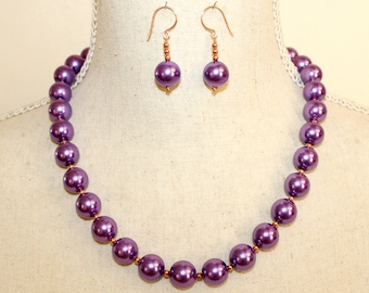 Classic Purple Czech Glass Copper Artisan Necklace Earring Set in Gift Box ~ Made in USA