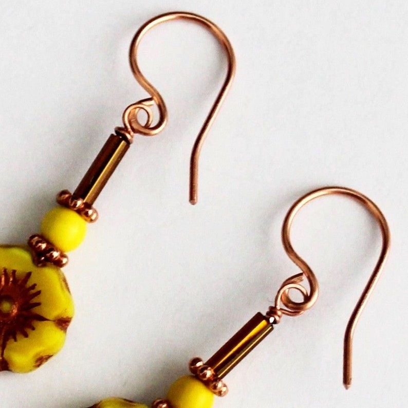 Yellow Brown Czech Glass Sun Flower Earrings in Gift Box ~ Made in USA