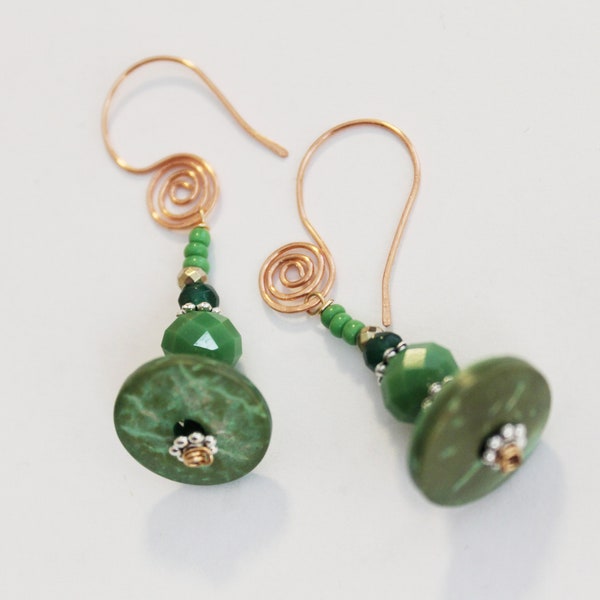 Green Multi Gemstone Tagua Nut Jade Porcelain Hematite Stone Artisan Bronze Filigree Earrings in Gift Box ~ Made in USA