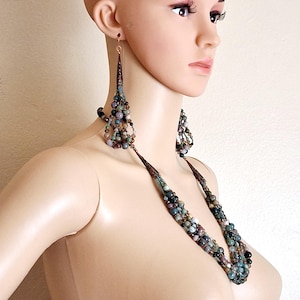 Colorful Indian Agate Artisan Crafted Filigree Copper Necklace Earring Set #3296