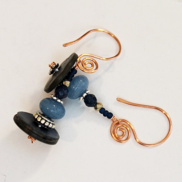 Blue Ink Multi Gemstone Tagua Nut Jade Kyanite Hematite Stone Artisan Copper Filigree Earrings in Gift Box ~ Made in USA