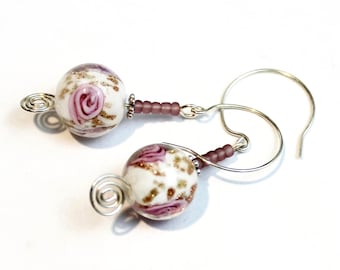 Vintage Inspired Lamp Work Glass Rose White Artisan Crafted Sterling Silver Earrings ~ Made in USA