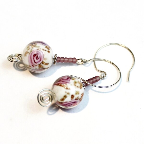 Vintage Inspired Lamp Work Glass Rose White Artisan Crafted Sterling Silver Earrings ~ Made in USA