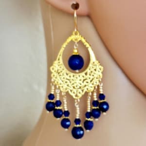 Bright Blue Jade Chandelier Earrings: Faceted Gold Filigree Chandeliers #2058