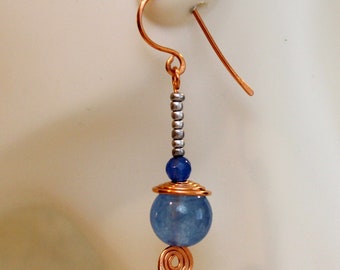 Light Blue Quartz and Sapphire Blue Jade Solid Copper Artisan Filigree Earrings ~ Made in USA