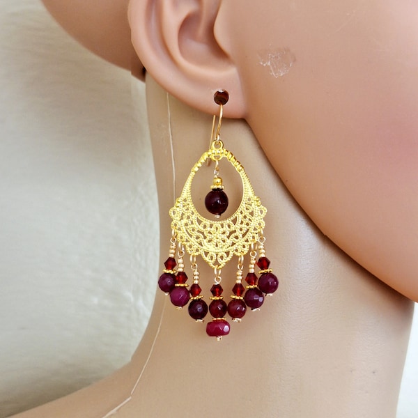 Dark Red Brazilian Ruby Bali Style Artisan Crafted Gold Filigree Chandelier Earrings ~ Made in USA