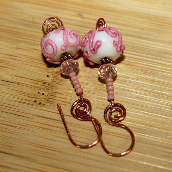 Vintage Inspired Pink Scroll White Lampwork Glass Crystal Artisan Crafted Textured Copper Filigree Earrings ~ Made in USA