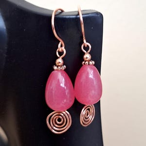 Pink Copper Filigree Pressed Glass Copper Raindrop Teardrop Earrings #743