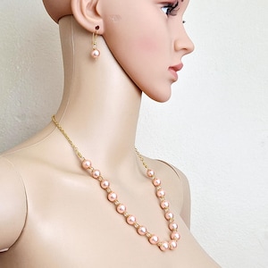 Dusty Rose Pink Glass Pearl Artisan Crafted Gold Necklace Earring Set #3398