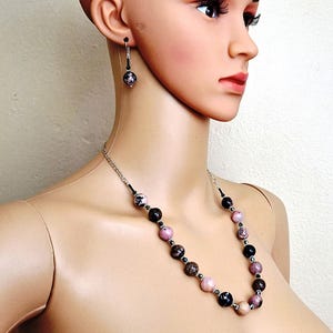 Pink Black Rhodonite Artisan Crafted Silver Necklace Bracelet Earring Set #3389
