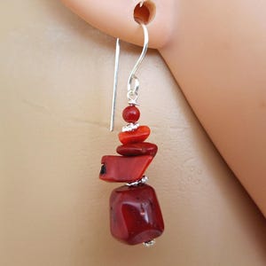 Puede incluir: Un pendiente colgante con piezas de coral rojo de diferentes formas y tamaños. El coral se separa con pequeños elementos plateados. El gancho es plateado.