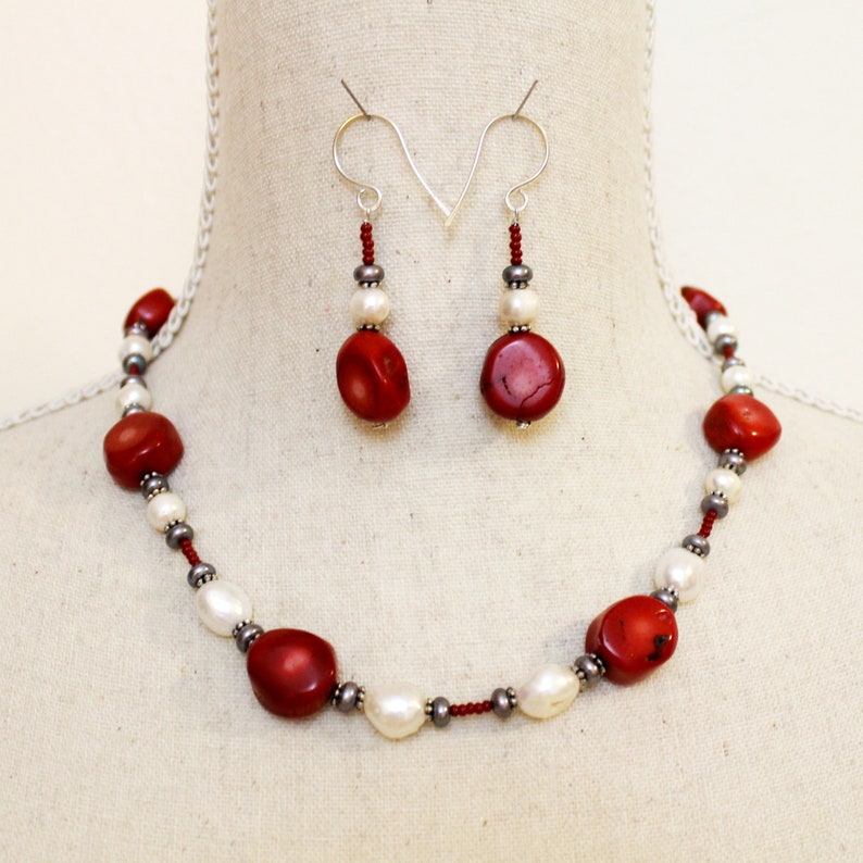 Chunky Red Sea Coral Nugget Gray White Freshwater Pearl Artisan Sterling Silver Necklace Earring Set in Gift Box ~ USA ~ Free Shipping