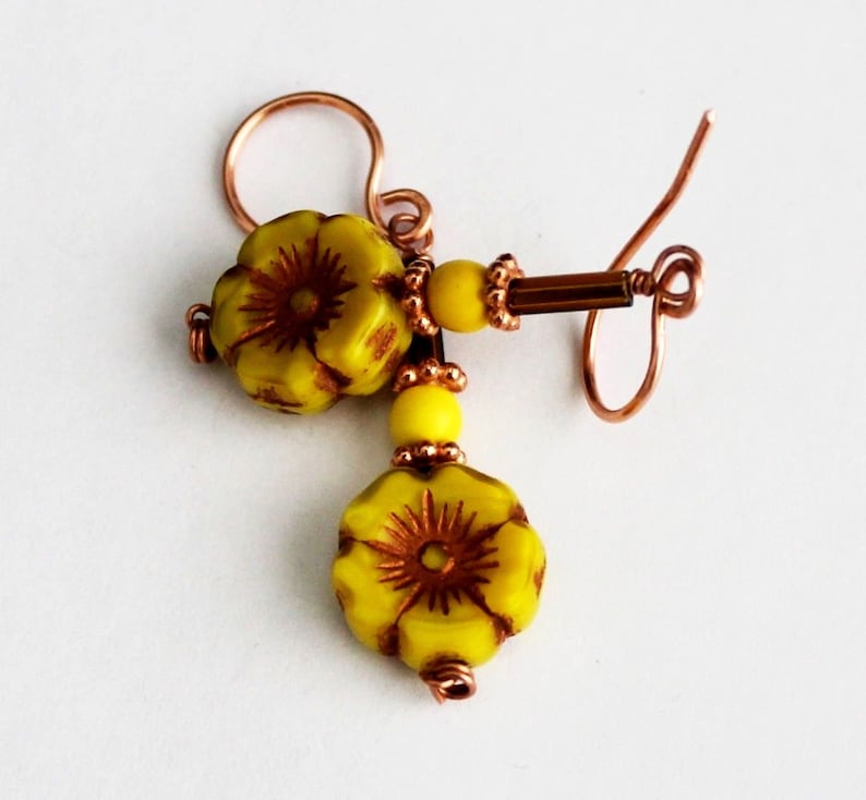 Yellow Brown Czech Glass Sun Flower Earrings in Gift Box ~ Made in USA