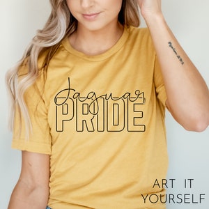 May include: A mustard yellow t-shirt with black text that reads "Jaguar Pride" in a stylised font.