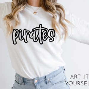 May include: White sweatshirt with the word "pirates" written in black cursive lettering. The text is centered on the shirt. The model is wearing blue jeans.