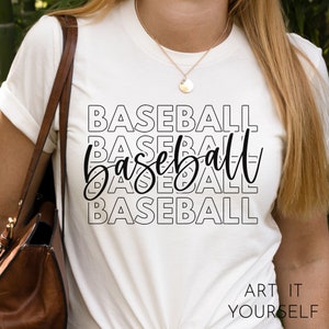 May include: White t-shirt with the word "BASEBALL" repeated four times in a stacked design. The word "baseball" is written in cursive in the center of the design.