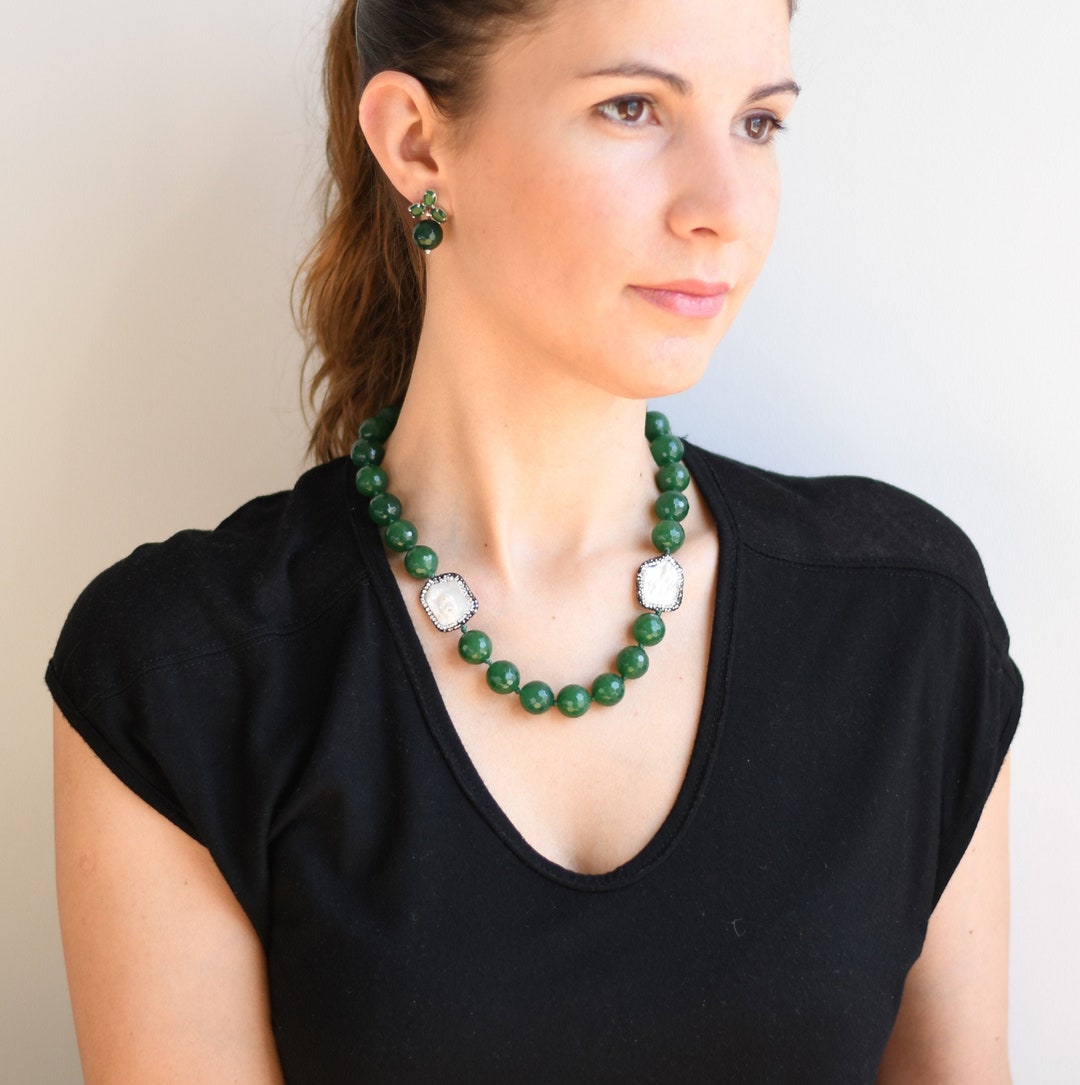 Jade Beaded Necklace Big Stone Necklace Green Jade Necklace Etsy UK
