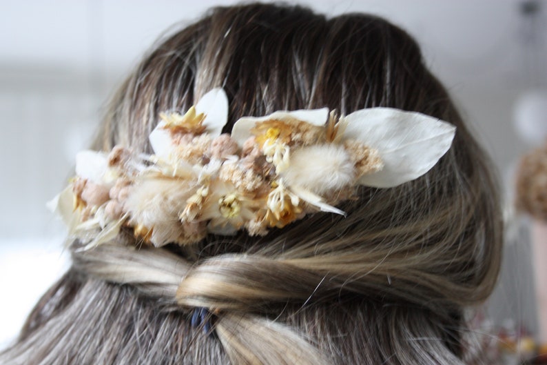 Peigne cheveux fleur séchée et stabilisée rose pastel et doré mariage bohème,champêtre, Peigne coiffure pour mariée fleur naturelle durable image 4