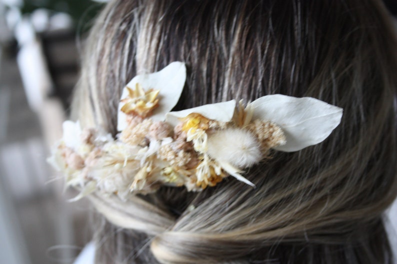 Peigne cheveux fleur séchée et stabilisée rose pastel et doré mariage bohème,champêtre, Peigne coiffure pour mariée fleur naturelle durable image 5