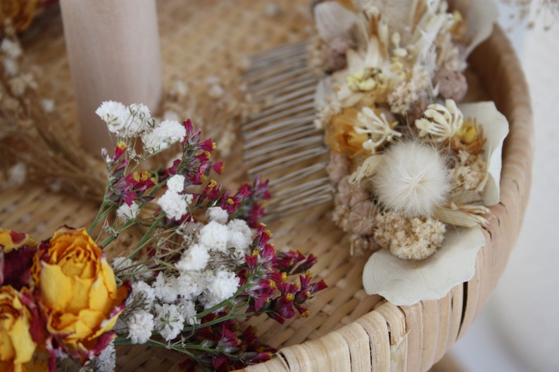 Peigne cheveux fleur séchée et stabilisée rose pastel et doré mariage bohème,champêtre, Peigne coiffure pour mariée fleur naturelle durable image 3